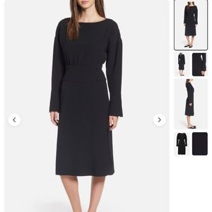 LEWIT Black Button Waist Long Bell Sleeve Matte Crepe Midi Dress Nordstrom
